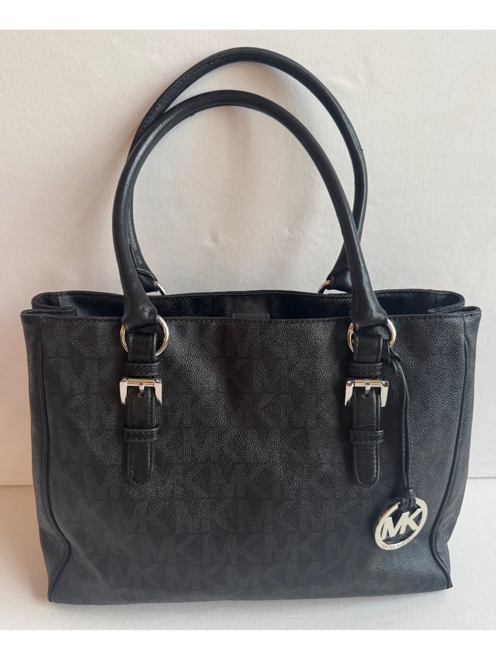 Michael Kors Medium Work Tote Black Signature MK PVC Silver Hardware